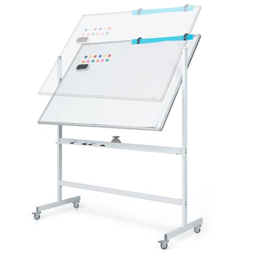 tragbare magnetische Whiteboards Magnetisches, höhenverstellbares, wendbares Whiteboard mit Gittermuster, Stiftablage, doppelseitiges Flipchart-Rollbrett for das Homeoffice oder die Schule(White,120 x von NIUSABOU