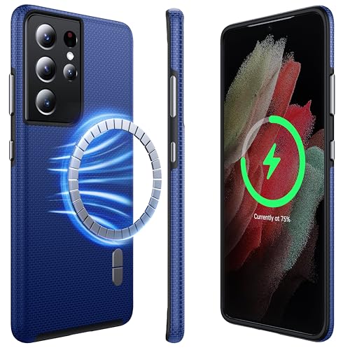 NJROW Starker Magnetisch für Samsung Galaxy S21 Ultra Kompatibel mit MagSafe [2024 Neu] [Dual Layer Schutzhülle] [Militärisch Stoßfest] Robuste Handyhülle für Samsung S21 Ultra Case Dünn, Blau von NJROW