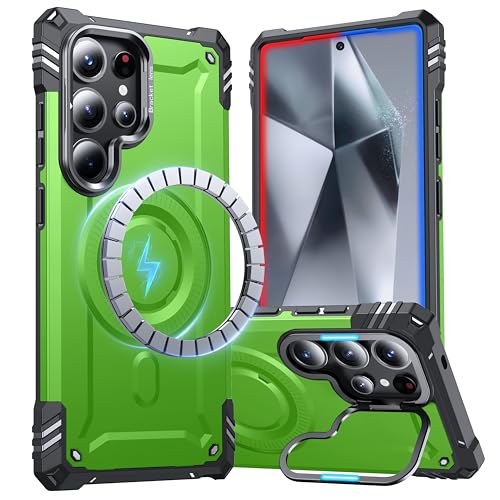 NJROW für Samsung Galaxy S24 Ultra Hülle mit Ständer [mit MagSafe] [Integrierter Kamera Ring Halter] [Handyhalterung Magnetschloss] Starke Magnetische Handyhülle für Samsung S24 Ultra Case,Grün von NJROW