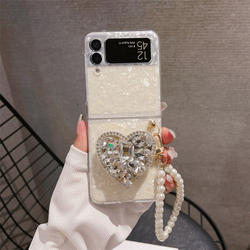 Bling Strass Herzhalter Handyhülle für Samsung Galaxy Z Flip 5 4 3 Z Flip3 Flip4 Flip5 5G Abdeckung mit Perlenkette,b,Für Z Flip 3 von NOBAA