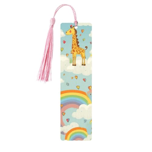 Cartoon Giraffe Regenbogen Wolken Holz Lesezeichen für Männer Frauen Holz Lesezeichen Einzigartige Handgemachte Lesezeichen mit Quaste Anhänger Handwerk Lesezeichen für Buchliebhaber Geburtstag Lehrer von NONHAI