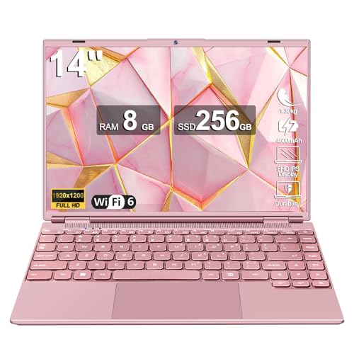 NOTODD Laptop 14 Zoll 8GB+256GB SSD Erweiterbar 1 TB SSD, Notebook mit Celeron N5095 (bis zu 2,9 GHz), Kühlgebläse 1920x1200 2K FHD Extrem Schmale Lünette Bildschirm Multifunktionales-Pink von NOTODD