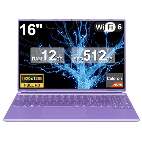 NOTODD Laptop 16 Zoll 12GB RAM 512GB ROM Erweiterungen 2,5" 1 TB SSD, Laptop Win 11 mit 4-Core CPU N5095 (bis zu 2,9 GHz), 1920 * 1200丨5G WiFi丨Bluetooth & Deutsche Tastatur Aufkleber-Violett von NOTODD