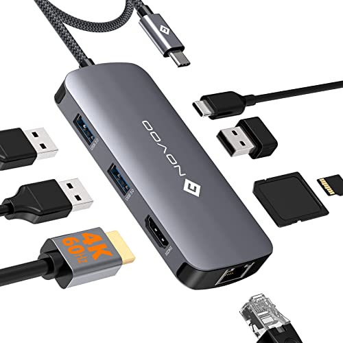 NOVOO USB C Hub 4K@60Hz HDMI Multiport Adapter, 8-in-1 HUB USB C Adapter Docking Station mit 1Gbps Ethernet, 100W PD, SD/Micro SD, USB 3.0 5Gbps Data Ports für MacBook Pro und mehr Geräte Typ C von NOVOO