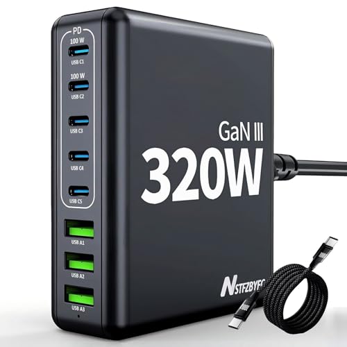 USB C Ladegerät Mehrfach 320W GaN III 8 Ports Schnellladegerät mit PPS & PD 100W, 5 USB C and 3 USB A Charger, Schwarze USB C Ladestation Netzteil für MacBook,Laptop,iPad,iPhone,Smartphone,Samsung usw von NSTFZBYFC