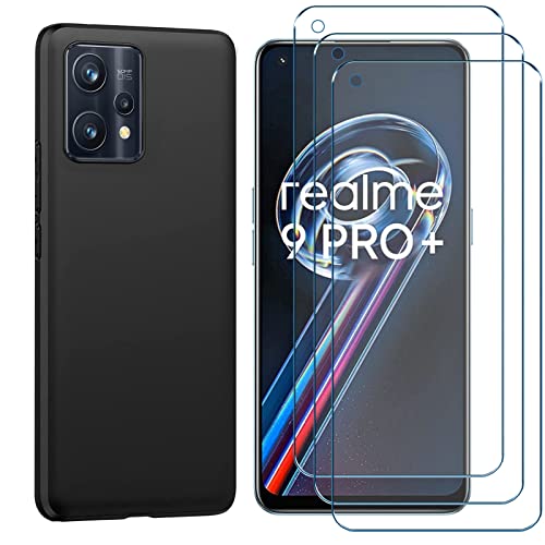 NUCNOK Hülle für Realme 9 Pro Plus 5G Handyhülle + [3 Stück] Panzerglas Schutzfolie für Realme 9 Pro Plus,Slim TPU Ultra-Dünne Weiche Silikon Schutzhülle,Fallschutz rutschfest Anti-Kratzer (Schwarz) von NUCNOK