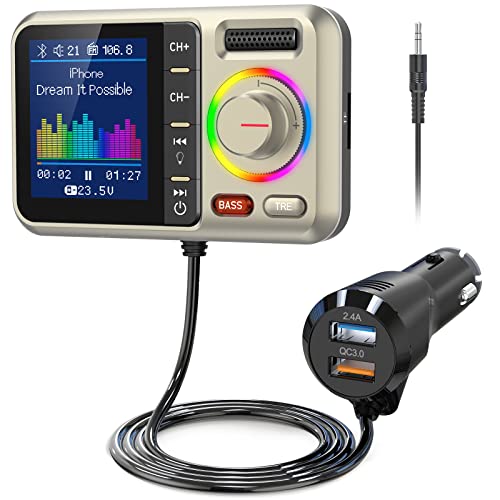 Nulaxy Auto FM Transmitter Bluetooth 5.0 mit großem Farbbildschirm, Unterstützung Freisprecheinrichtung, Siri&Google, MP3-Musikspieler BASS&TRE Booster, TF-Karte/AUX-KM28 Gelb von NULAXY
