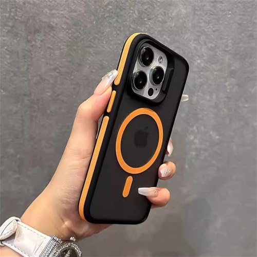 NUZIXINXW Matt gefrostete zweifarbige magnetische Handyhülle für iPhone 16 15 14 13 12 Pro Max Plus, durchscheinende kabellose Lade-Hardcover, Orange, für iPhone 13 Pro von NUZIXINXW