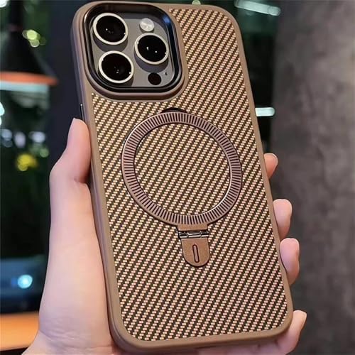 NUZIXINXW Titanium Gold Kohlefaser-Halterung Handyhülle für iPhone 16 15 14 13 Pro Max magnetische Aufladung stoßfeste Harte Rückseite, Titan Gold, für iPhone 16 Plus von NUZIXINXW