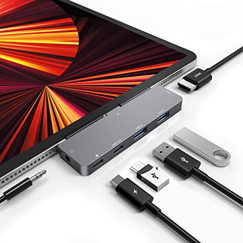USB-C-Hub für iPad Pro 11/12,9 Zoll 2021 2020 2018, Adapter Air 11,7 cm 1 Hub mit 4K HDMI, 3,5 mm Kopfhöreranschluss, 2 USB 3.0 Anschlüsse, C PD Aufladen & Daten, Kopfhöreranschluss von NXPGKEA