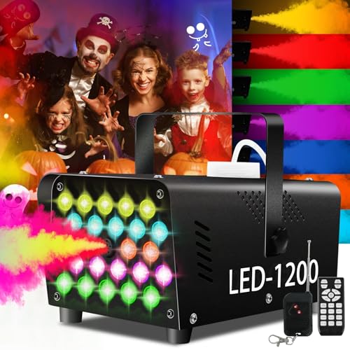 NZQXJXZ Nebelmaschine mit 24 bunten LED Lichteffekten - 1200W Rauchmaschine & 2500CFM Nebel mit 1 kabelgebundenem Empfänger & 2 drahtlosen Fernbedienungen Perfekt für Halloween, Hochzeit, Weihnachten von NZQXJXZ