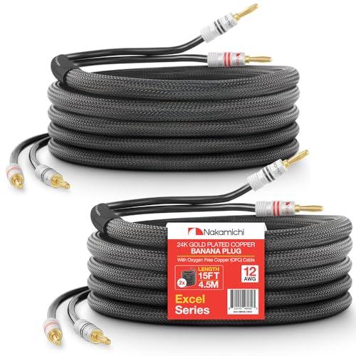 Nakamichi 24K vergoldeter Bananenstecker mit Lautsprecherkabel, 99,9% sauerstofffreies Kupfer (OFC), robustes geflochtenes Kabel, CL2-zertifiziert - Schwarz (12AWG / 15 Fuß / 4,5 Meter) 2er-Pack von Nakamichi