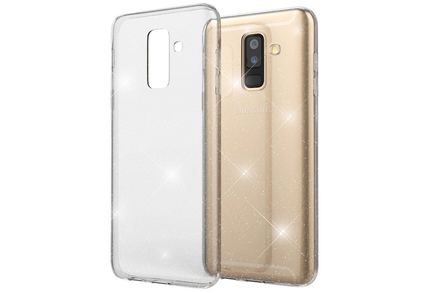 Nalia Smartphone-Hülle Samsung Galaxy A6 Plus, Klare Glitzer Hülle / Silikon Transparent / Glitter Cover / Bling Case von Nalia