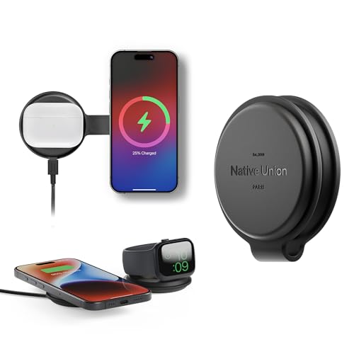 Native Union Voyage 2-in-1 Magnetic Wireless Charger – Faltbare Reiseladestation für iPhone 16, AirPods, Apple Watch & mehrere Geräte – Qi2 Zertifiziert & MagSafe kompatibel bis zu 15W (Schwarz) von Native Union