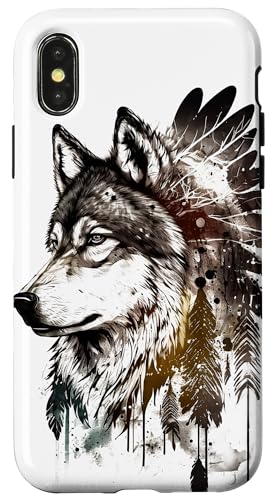 Hülle für iPhone X/XS Wolf Kopf Indianer Kopfschmuck Traumfänger Natur Feder Nativ von NattWorld