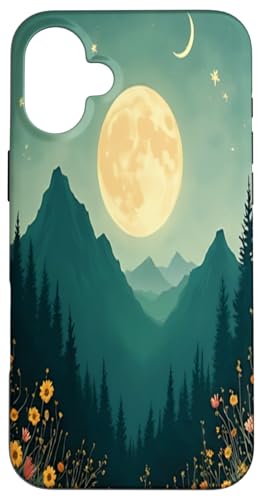 Vintage Moon Mountain Floral Nature Ästhetische Kunst Hülle für iPhone 16 Plus von Nature Lover Aesthetic Boho Outdoor Adventure Gift