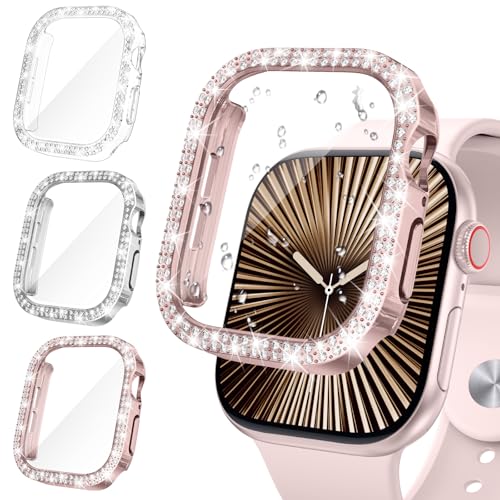 Neitra [3Stück Glitzer Diamanten Hülle für Apple Watch Series 10 46mm, Hart PC Bumper Case mit HD Gehärtetes Displayschutz Folie, Bling Schutzhülle Cover Smartwatch Zubehör für Frauen Mädchen von Neitra