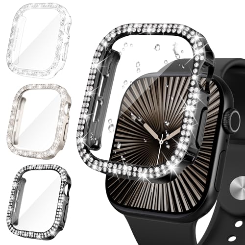 Neitra [3Stück Glitzer Diamanten Hülle für Apple Watch Series 10 46mm, Hart PC Bumper Case mit HD Gehärtetes Displayschutz Folie, Bling Schutzhülle Cover Smartwatch Zubehör für Frauen Mädchen von Neitra