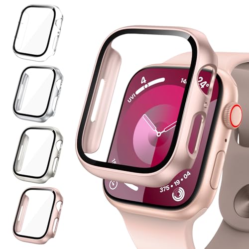 Neitra 4 Stück Hülle für Apple Watch Series 9 8 7 41mm Schutzhülle mit HD Glass Displayschutzfolie,Hart PC Voller Körper Kratzfest Gehäuse Cover für Apple Watch 41mm,Smartwatch Zubehör für Mann Frau von Neitra