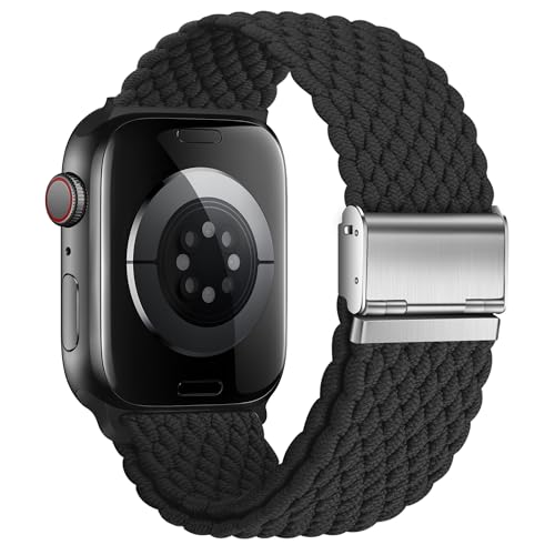 Nepfaivy Ersatzarmband Kompatibel mit Apple Watch Armband 49mm 45mm 44mm 42mm für Damen Herren, Geflochtenes Nylon Stoff Solo Loop Armband für iWatch Series 8/Ultra/SE/7/6/5/4/3/2/1(M, Schwarz) von Nepfaivy