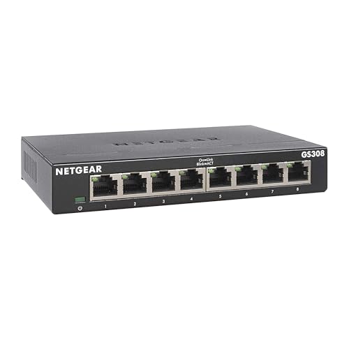 NETGEAR GS308 LAN Switch 8 Port Netzwerk Switch (Plug-and-Play Gigabit Switch LAN Splitter, LAN Verteiler, Ethernet Hub lüfterlos, robustes Metallgehäuse mit Ein-/Ausschalter), Schwarz von Netgear