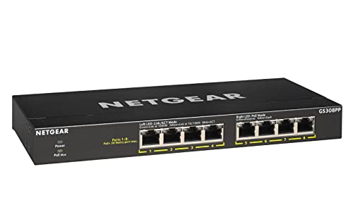 NETGEAR GS308PP PoE Switch 8 Port Gigabit Ethernet LAN Switch PoE+ 83W (Plug-and-Play Netzwerk Switch PoE, lüfterlos, robustes Metallgehäuse), schwarz von Netgear