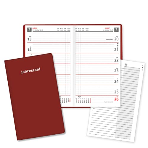 Wochentaschenkalender für das Jahr 2025 Sekunda Taschenplaner in Rot mit Adressheft und PVC Einband in Weinrot Made in Germany von Neuwieder Kalender Verlag GmbH