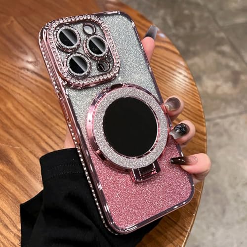 NevStp Plating Glitter Diamond Makeup Mirror Bracket Handyhülle für iPhone 15 Pro Max 12 13 Pro 14 11 Weiche Blingbling-Hülle, Pink, für iPhone 13 von NevStp