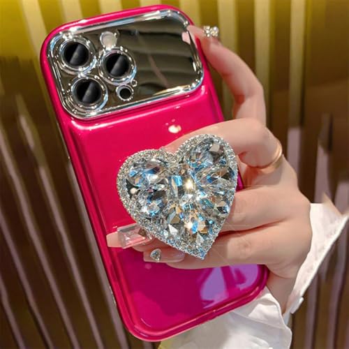 NevStp Überzogene Telefonhülle mit großem Fenster für iPhone 13 15 Pro Max 14 Pro 12 11 Diamant-Herz-Spiegelhalterabdeckung, Rosérot, für iPhone 13Pro Max von NevStp