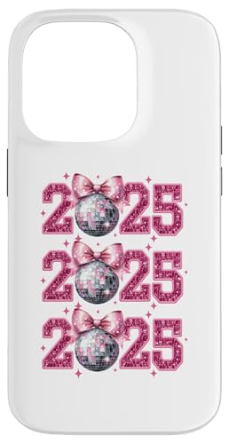 Hülle für iPhone 14 Pro Happy New Year 2025 Discokugel Rosa Kokette Schleife Matching von New Years Eve 2025 Pink Coquette Bows