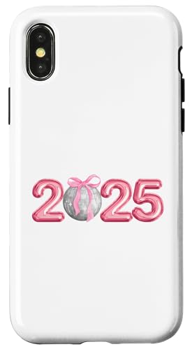 Hülle für iPhone X/XS Happy New Year 2025 Discokugel Rosa Kokette Schleife Matching von New Years Eve 2025 Pink Coquette Bows