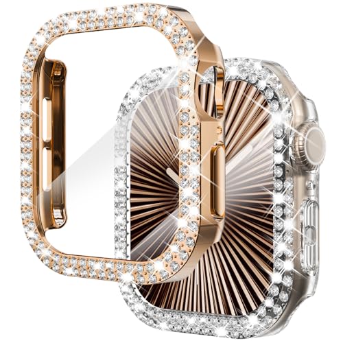 NewWays 2 Stück, kompatibel mit Apple Watch Serie 10, 42 mm, integrierter Displayschutz, Diamant-Bling-Hüllen für iWatch Serie 10, 42 mm, Roségold/Transparent von NewWays