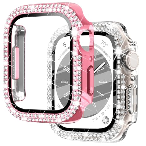 NewWays 2 Stück für Apple Watch Bling Cases Displayschutzfolie 46 mm Serie 10, Bling Kristall Diamanten Strass Bumper Hard PC Dünn Schutzhülle für iWatch Series 10, Rosa/Transparent von NewWays