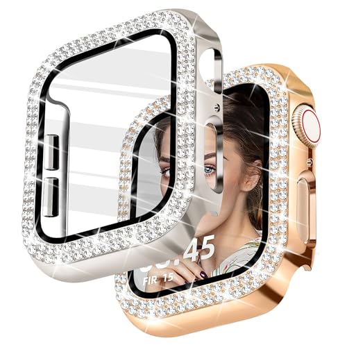Newlibery 2 Stück Bling Schutzhülle mit HD-Displayschutzfolie für Damen, kompatibel mit Apple Watch 45 mm, Diamant-PC-Stoßstange, vollständiger Schutz, Gesichtsabdeckung für iWatch Serie 7/8/9, von Newlibery