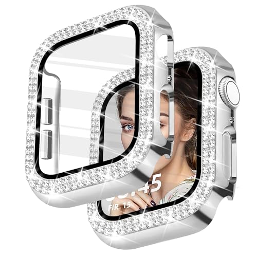 Newlibery Glitzer Diamanten Hülle für Damen, Kompatibel mit Apple Watch 41 mm, Hart PC Bumper Case mit HD Gehärtetes Displayschutz Folie für iWatch Series 7/8/9 - Silber 41mm von Newlibery