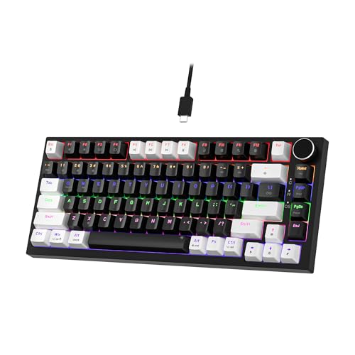 Newmen GM326 Mechanische Tastatur mit Kabel,Gaming Tastatur 75% Prozent,TKL Hot Swap LED Beleuchtung USB C Mini Mechanische Tastatur mit Knopf,für PC/Win/Mac,QWERTY Layout,Weiß/Schwarz,Rote Schalter von Newmen