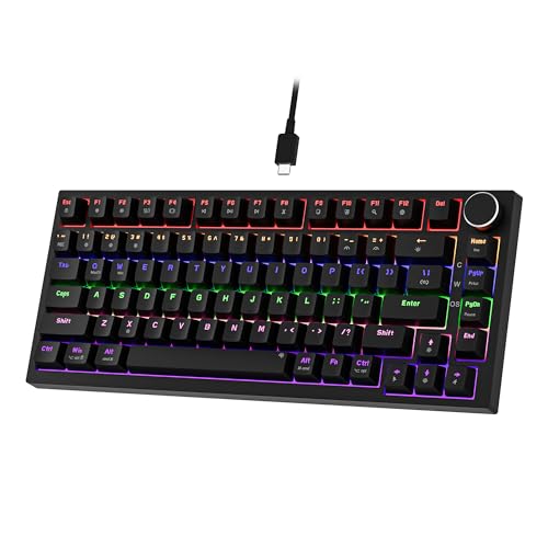 Newmen GM326 Mechanische Tastatur mit Kabel,Gaming Tastatur 75% Prozent,TKL Hot Swap LED Beleuchtung USB C Mini Mechanische Tastatur mit Knopf,für PC/Win/Mac,QWERTY Layout,Schwarz,Rote Schalter von Newmen