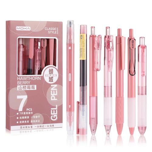 Newofview 7 Stück Gelschreiber Gelstifte Set 0.5mm Aesthetic Gelstifte Schnell Trocknende Tinte Einziehbare Kugelschreiber Schwarz +Farbiger Textmarker für Schule, Büro, Zuhause von Newofview