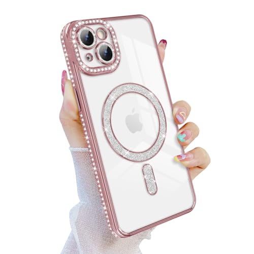 Newseego Glitzer iPhone 15 Plus Hülle Kompatibel mit Magasfe, Sparkly Diamond Luxuriöse Magnetische Handyhülle für Mädchen Frauen, Transparente Weiche TPU-Schutzhülle für iPhone 15 Plus-Rosa von Newseego