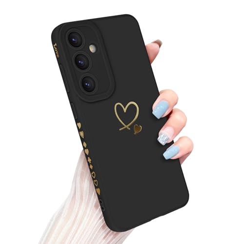 Newseego Handyhülle Samsung Galaxy S24 Plus Hülle für Frauen Mädchen, Gold Herz Muster Weich Flüssigsilikon S24+ Hülle Ultra Dünn Niedlich Herz Rand Kamera Schutzhülle für Samsung S24 Plus-Schwarz von Newseego