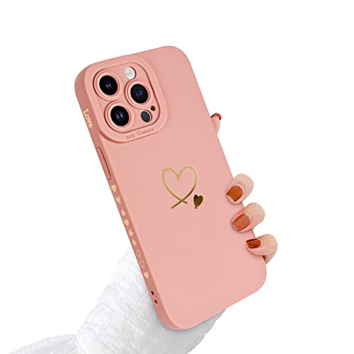 Newseego Hülle Kompatibel mit iPhone 14 Pro(6,1 Zoll) Gold Herz Muster Design Weiches Flüssigsilikon iPhone 14 Pro Hülle Niedliches Herz Seitenrahmen iPhone 14 Pro Schutzhülle für Frauen Mädchen-Rosa von Newseego