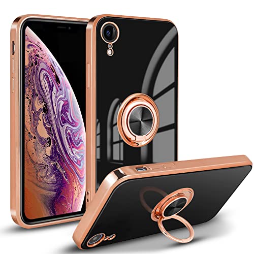 Newseego Kompatibel mit iPhone XR Hülle, Shiny Soft Silicone TPU Slim Hülle mit 360 Grad Ring Stand Stoßstange Stoßfeste Schutzhülle Fingerhalter Magnetische Auto Halter Hülle für iPhone XR - Schwarz von Newseego