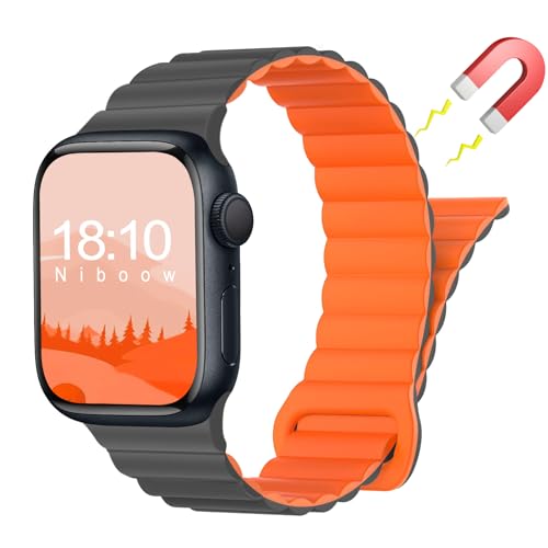 Niboow Armband für Apple Watch 38mm 40mm 41mm 42mm Series 10/Series 9/Series 8/Series 7/Series 6/Series 5/Series 4/Series 3/2/1, Magnetversch Silikon Uhrenarmband für Apple iWatch SE/SE 2 - Orangegrau von Niboow