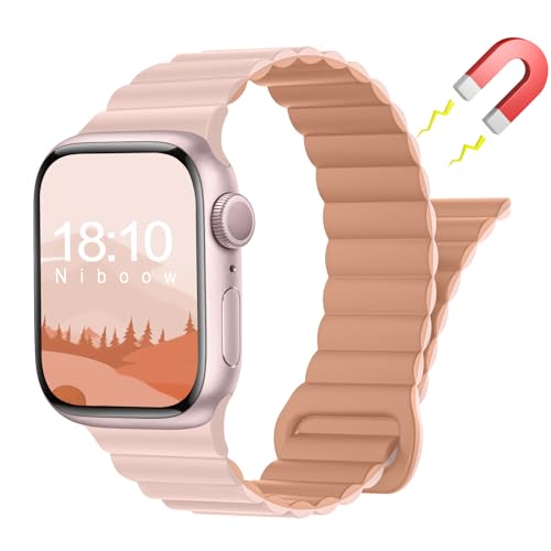 Niboow Armband für Apple Watch 49mm 46mm 45mm 44mm 42mm Series 10/Series 9/Series 8/Series 7/Series 6/Series 5/4/3/2/1/Ultra 2, Magnetversch Silikon Uhrenarmband für Apple iWatch/SE/SE 2-Rosa Grau von Niboow