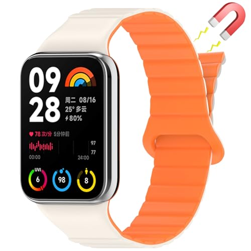 Niboow Magnetversch Silikon Armband für Xiaomi Smart Band 8 Pro (Xiaomi Mi Band 8 Pro)/Xiaomi Redmi Watch 4, Magnetverschlus Uhrenarmband für Xiaomi Mi Band 8 Pro/Xiaomi Redmi Watch 4 - OrangeWeiß von Niboow