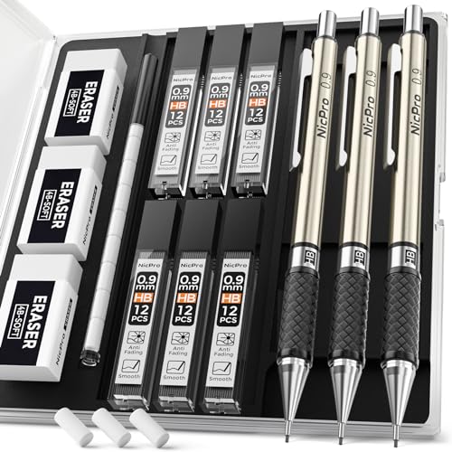 Nicpro 3 Stück Metall Druckbleistift Set mit Etui, Mechanische Bleistifte 0,9 mm Fallminenstift mit 6 Dosen HB Bleistiftminen, 3 Radiergummis, 9 Radiergummi-Minen, Schreiben, Zeichnen und Skizzieren von Nicpro