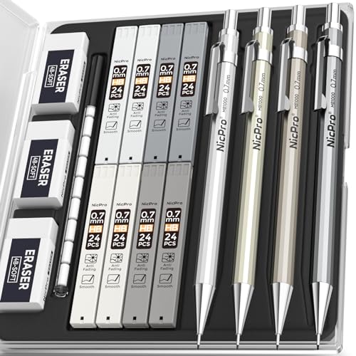 Nicpro 4 Stücke Druckbleistift Set, Metall Bleistifte 0.7 mm mit 8 Dosen Ersatzminen (HB), 3PCS 4B Radiergummis, Druckbleistifte für Kalligraphie, Skizzieren, Zeichnen von Nicpro