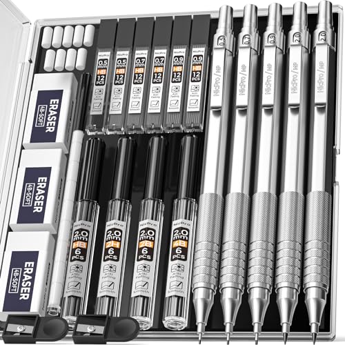 Nicpro 5 Stücke Druckbleistifte Set, Metall Bleistifte 0,5 & 0,7 & 0,9 mm, 2mm Fallminenstift (4B 2B HB 2H) mit Bleistiftminen, Radiergummi, Minenspitzer Etui für Zeichnen, Skizzieren, Schreiben von Nicpro