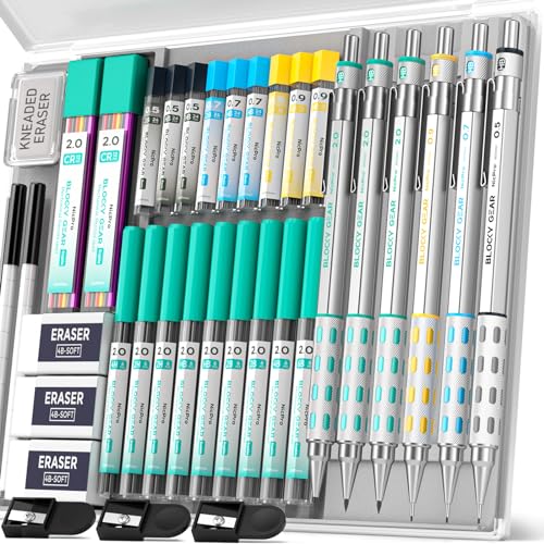 Nicpro 6 Stück Blocky Gear Kunst Druckbleistift Set mit Etui, 36 Stück Metall Druckbleistifte 0.5, 0.7, 0.9mm & 2mm Minenhalter zum Zeichnen Skizzieren mit 20 Röhren (6B 4B 2B HB 2H 4H Farben) Minen von Nicpro