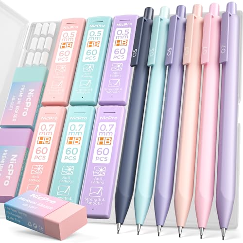 Nicpro 6 Stück Pastell Druckbleistift Set, 0,5 & 0,7 mm Minenbleistift, Niedliche Mechanische Bleistifte mit 12 Dosen HB Bleistiftminen & 3 Radiergummis, für Schreiben, Zeichnen mit Etui von Nicpro